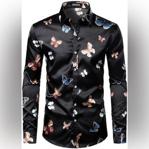 ZEROYAA Men's Luxury Printed Silk Like Satin Button Down Dress Shirt